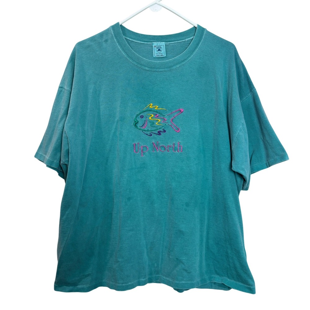 Vintage‎ Up North Fish Embroidered T-Shirt Teal Single Stitch Faded Coastal XL